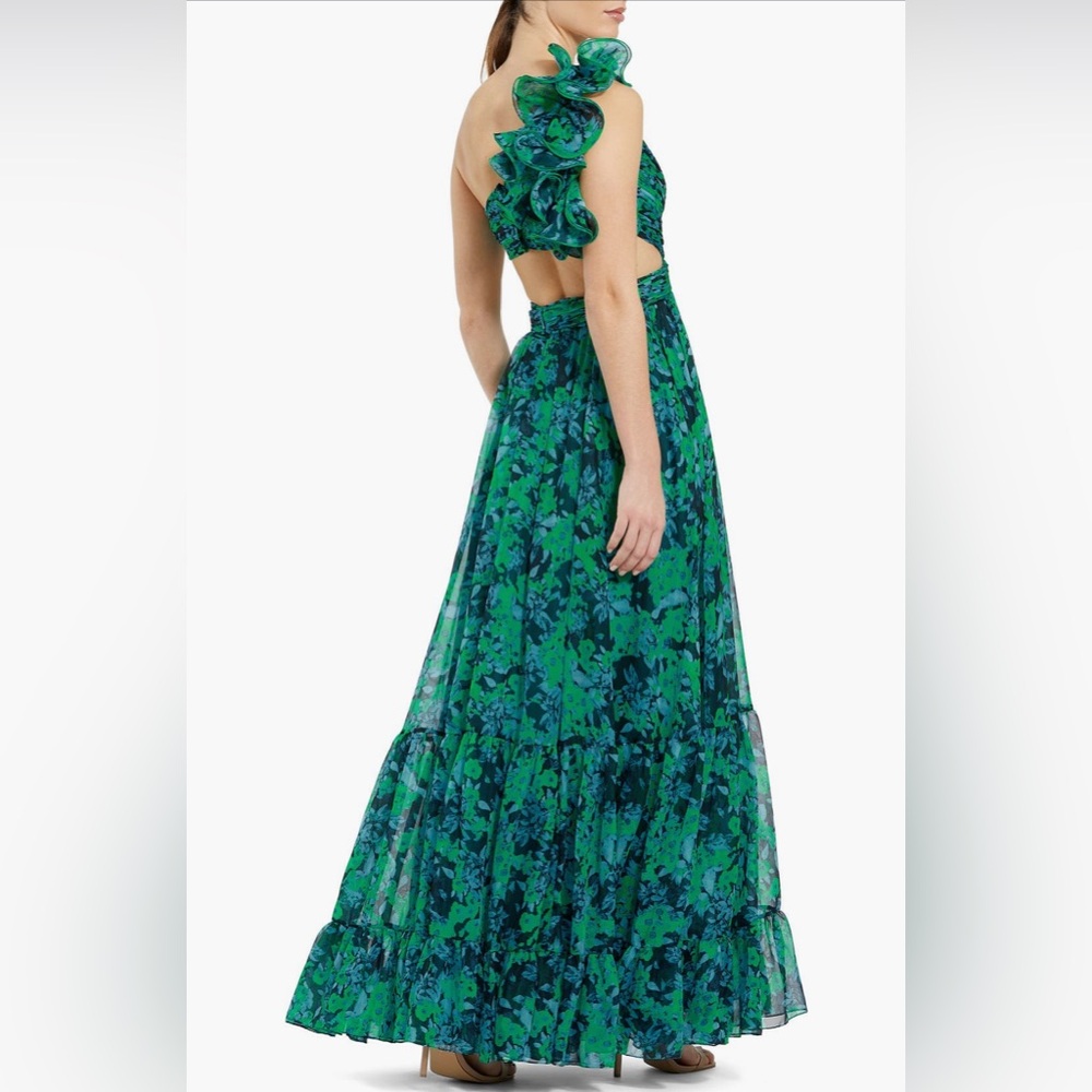 Green One Shoulder Ruffle Tiered Cut-Out Chiffon Gown 68650